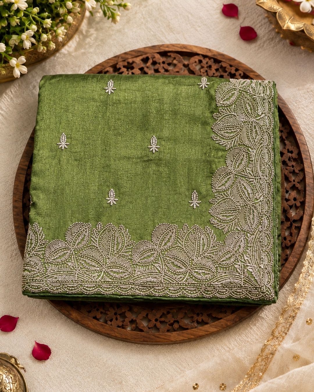 Sage Green Colour Vichitra Silk Thread Wok Border Design Saree