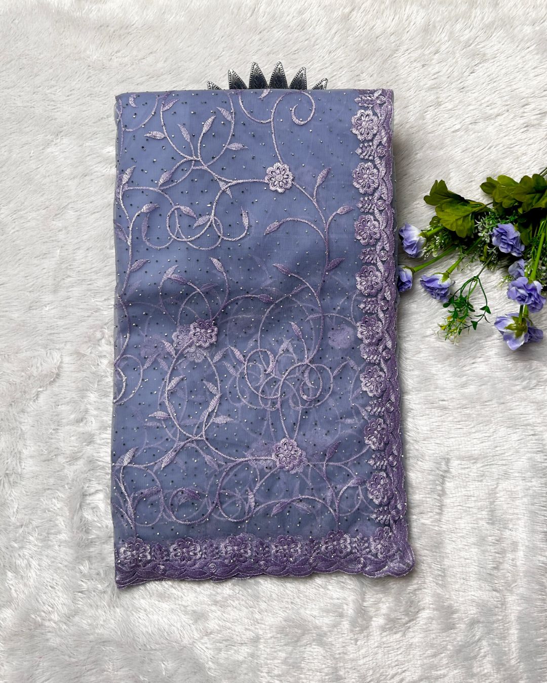 Lavender Colour Soft Net Cutwork border Saree