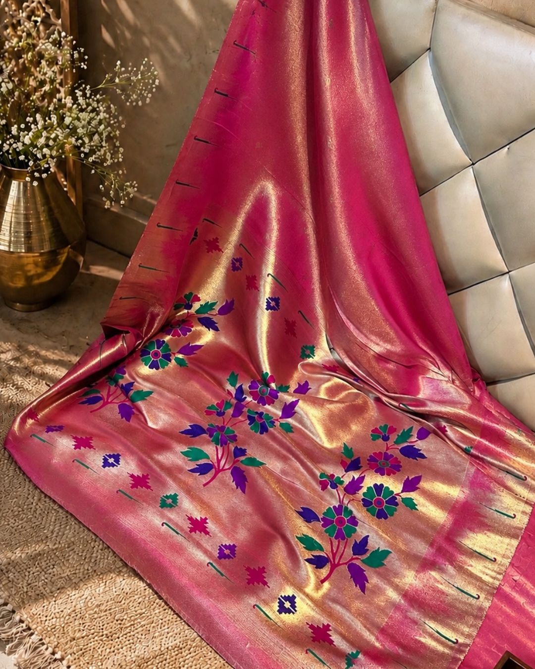 Vibrant Rani Colour Shimmer Bamboo Tissue Silk Saree