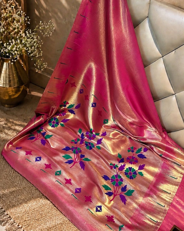 Vibrant Rani Colour Shimmer Bamboo Tissue Silk Saree