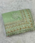 Parrot Green Colour Twill Net Mirror Work Saree