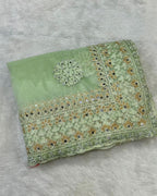 Parrot Green Colour Twill Net Mirror Work Saree
