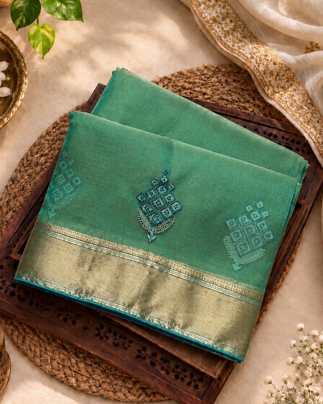 Sea Green Colour Organza Silk Saree with Golden Zari Border