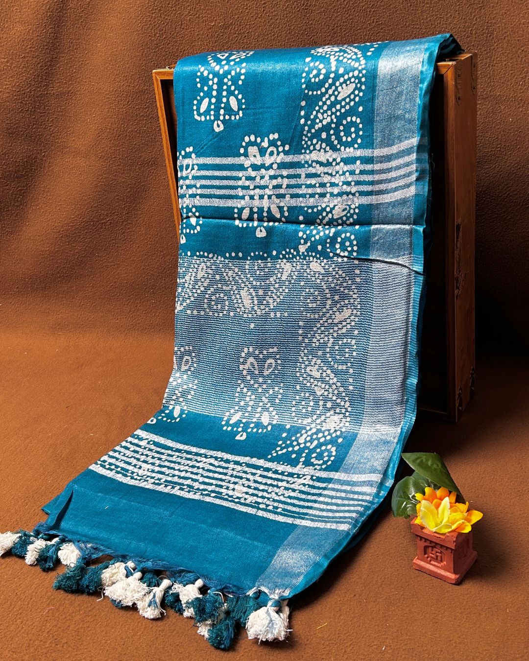 Dark Rama Green Blue Colour Cotton Bandhani Printed Saree