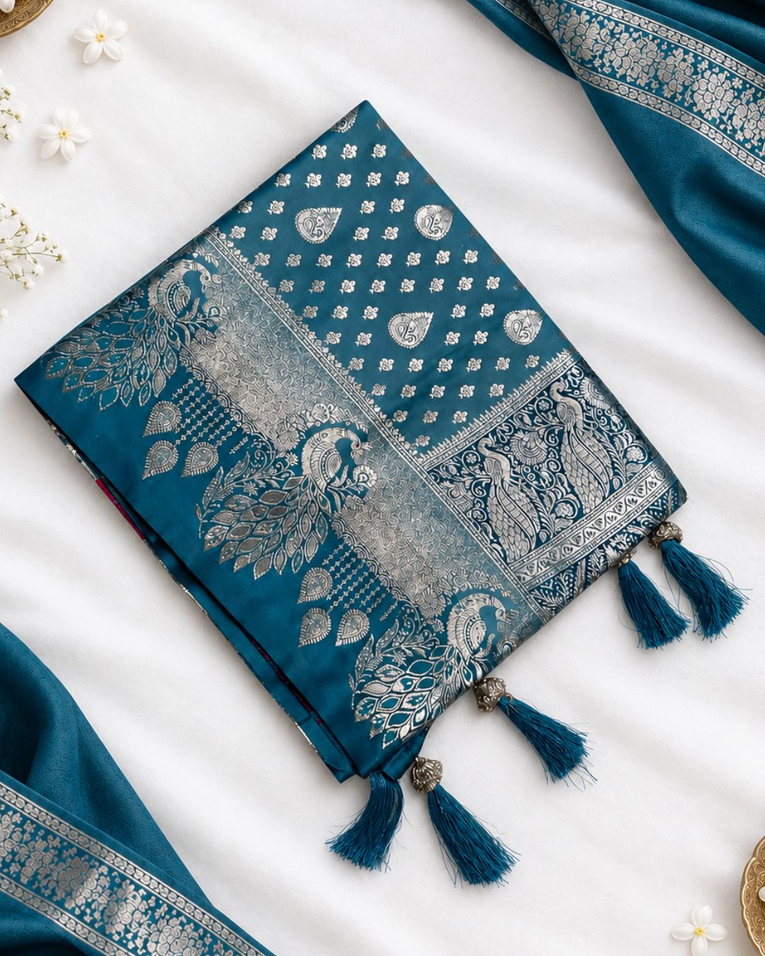 Teal Blue Colour Paithani Silk Saree with Multicolour Peacock Design