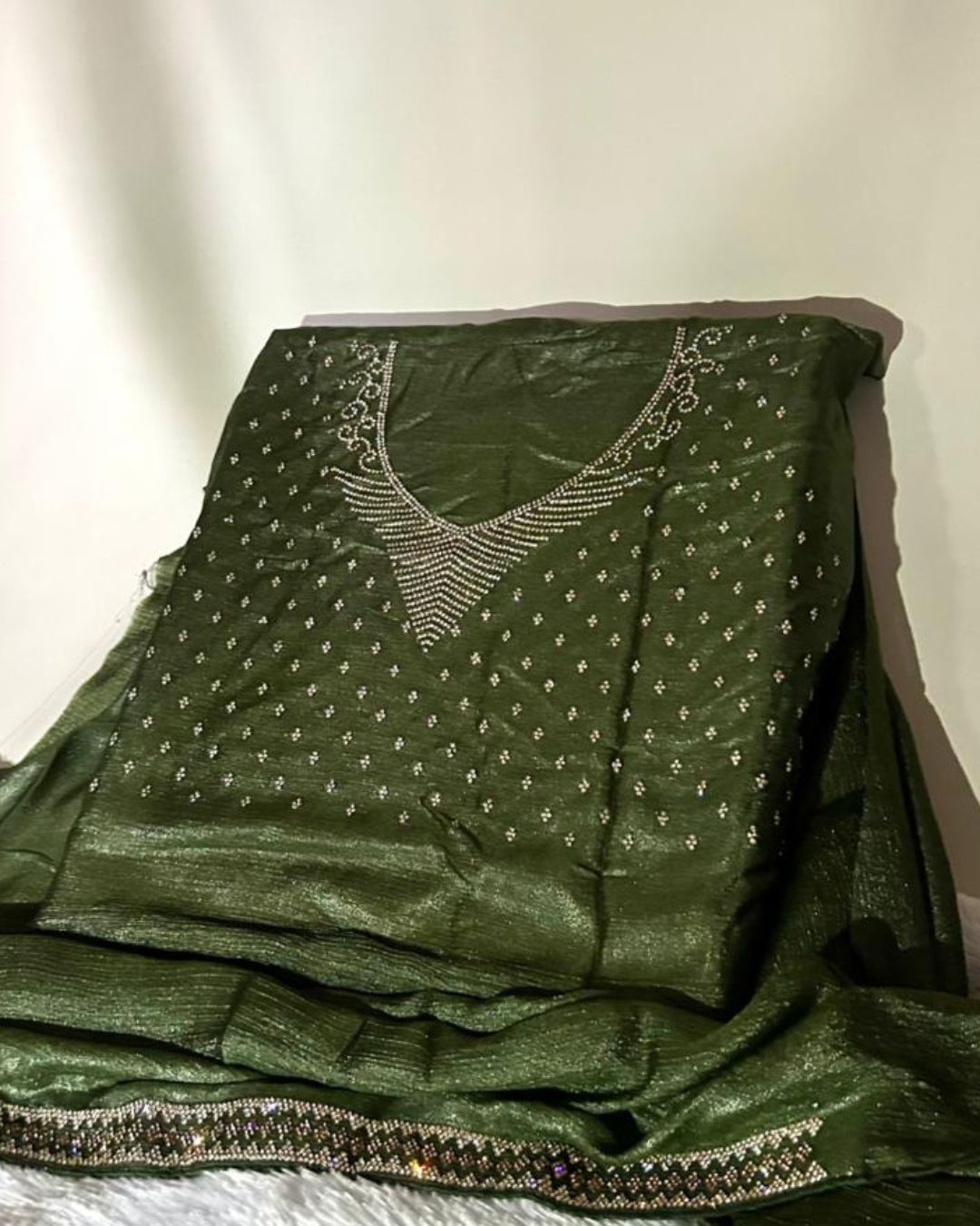 Moss Green Colour Stone Work Soft Shimmer Saree
