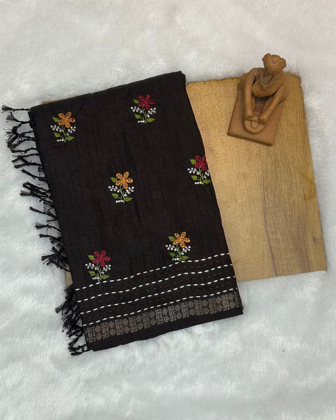 Dark Brown Colour Katha Work Cotton Saree