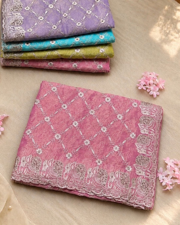 Dusty Rose Pink Colour Shimmer Chiffon Saree with Embroidery Work