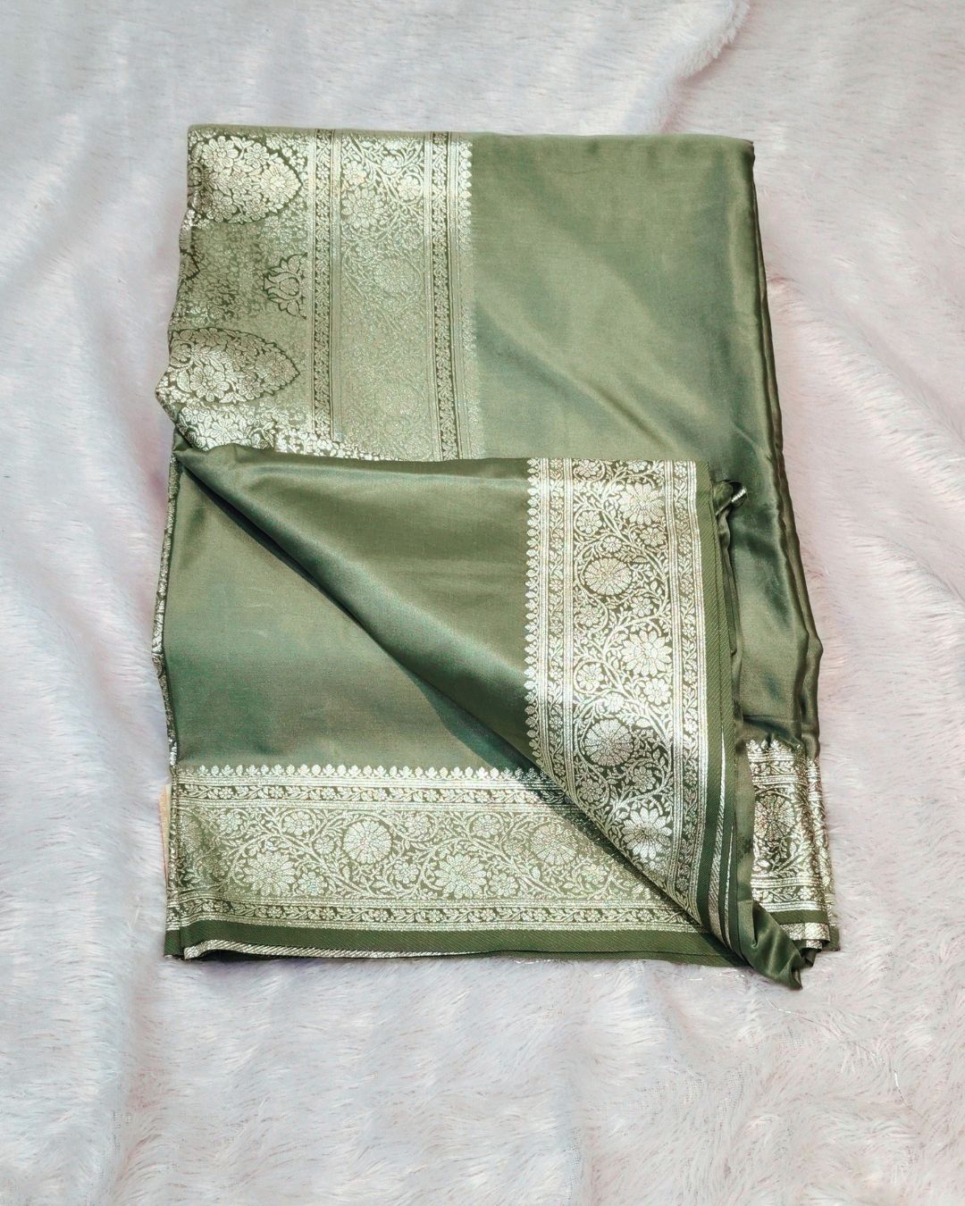 Dusty Green Colour Soft Satin Silk Saree