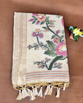 Cream Golden Colour Lotus Flower Thred work Cotton Saree