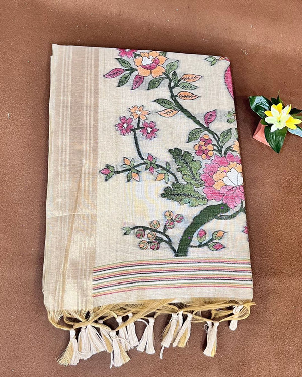 Cream Golden Colour Lotus Flower Thred work Cotton Saree