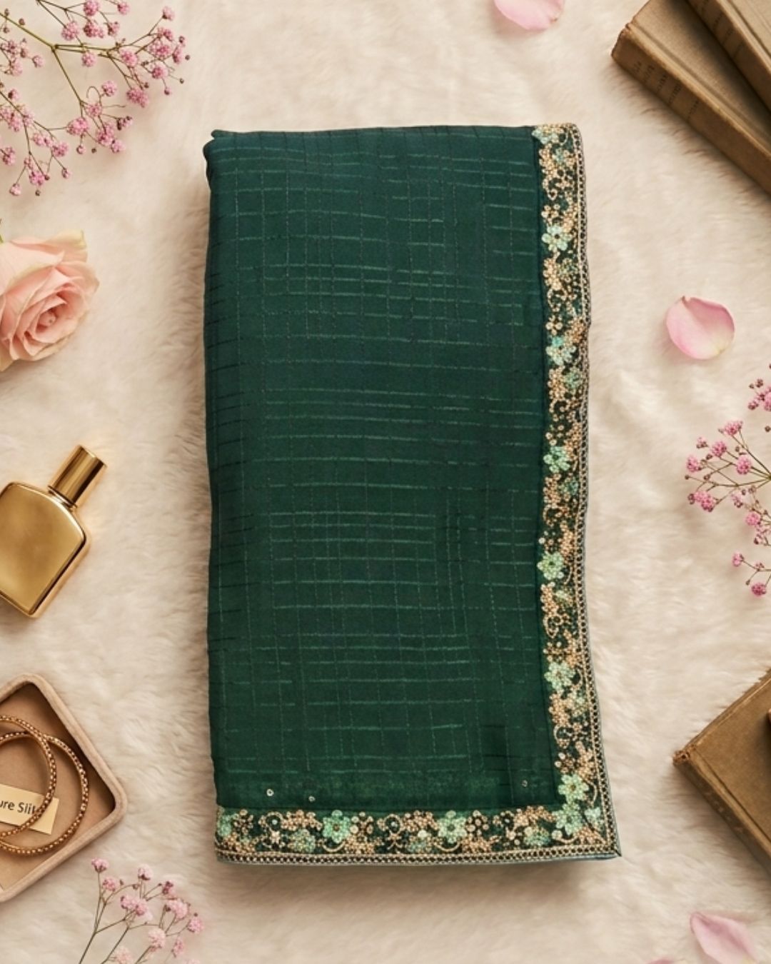 Green Colour Chiffon Saree With Contrast Blouse