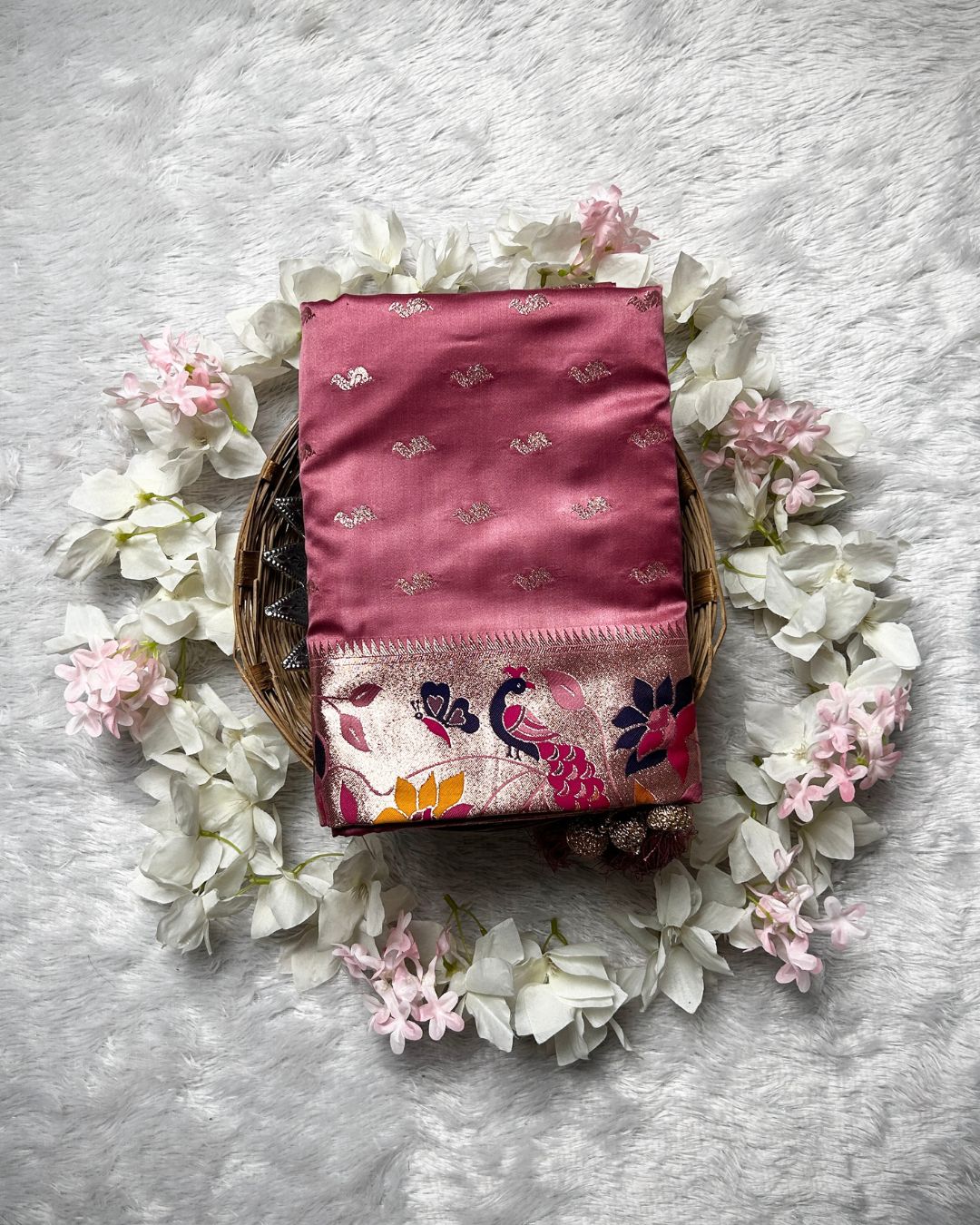 Peach Pink  Colour Soft Satin Silk Peacock Butti Saree
