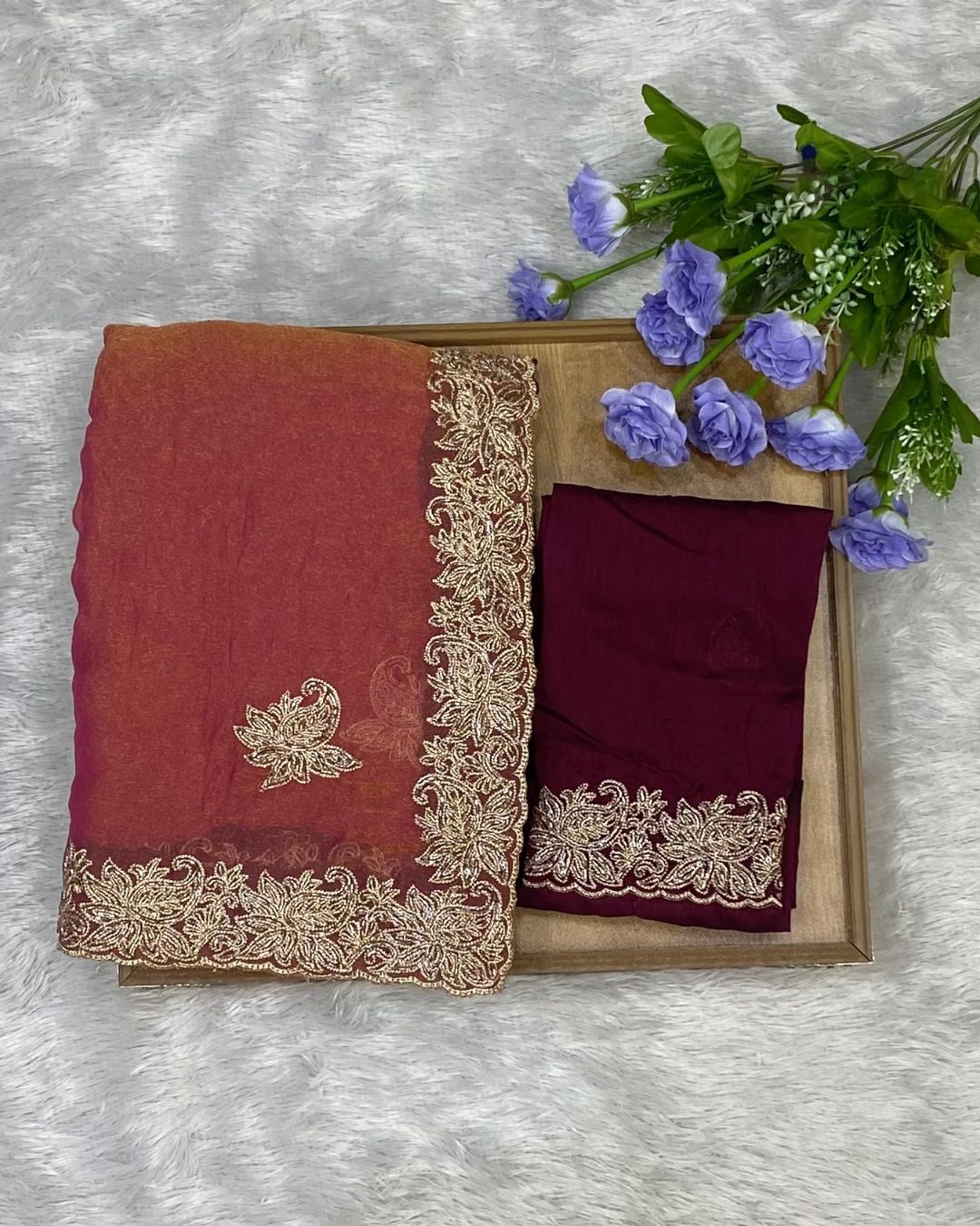 Rust Orange Colour Shimmer Silk Saree with Contrast Blouse Piece
