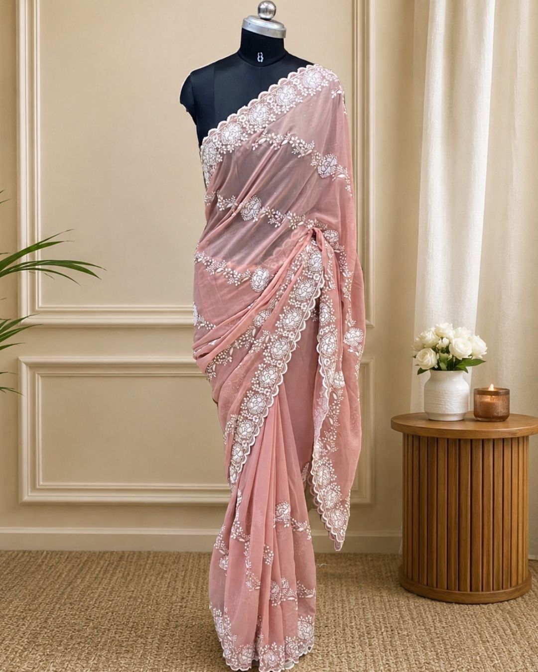 Dusty Peach Colour Shimmer Georgette Saree with Embroidery Work