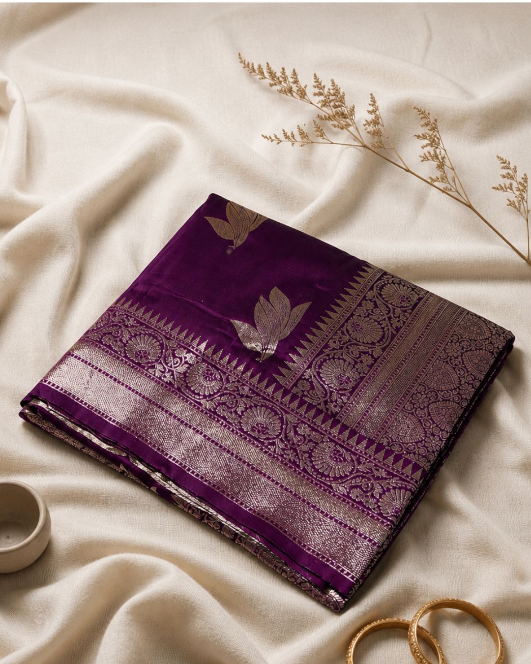 Wine Colour Semi Silk Saree with Golden Rich Border