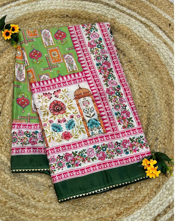 Vibrant Green Colour Digital Patchwork Printed Saree