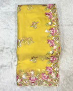 Light Yellow Colour Crunchy Silk Thread Work Saree
