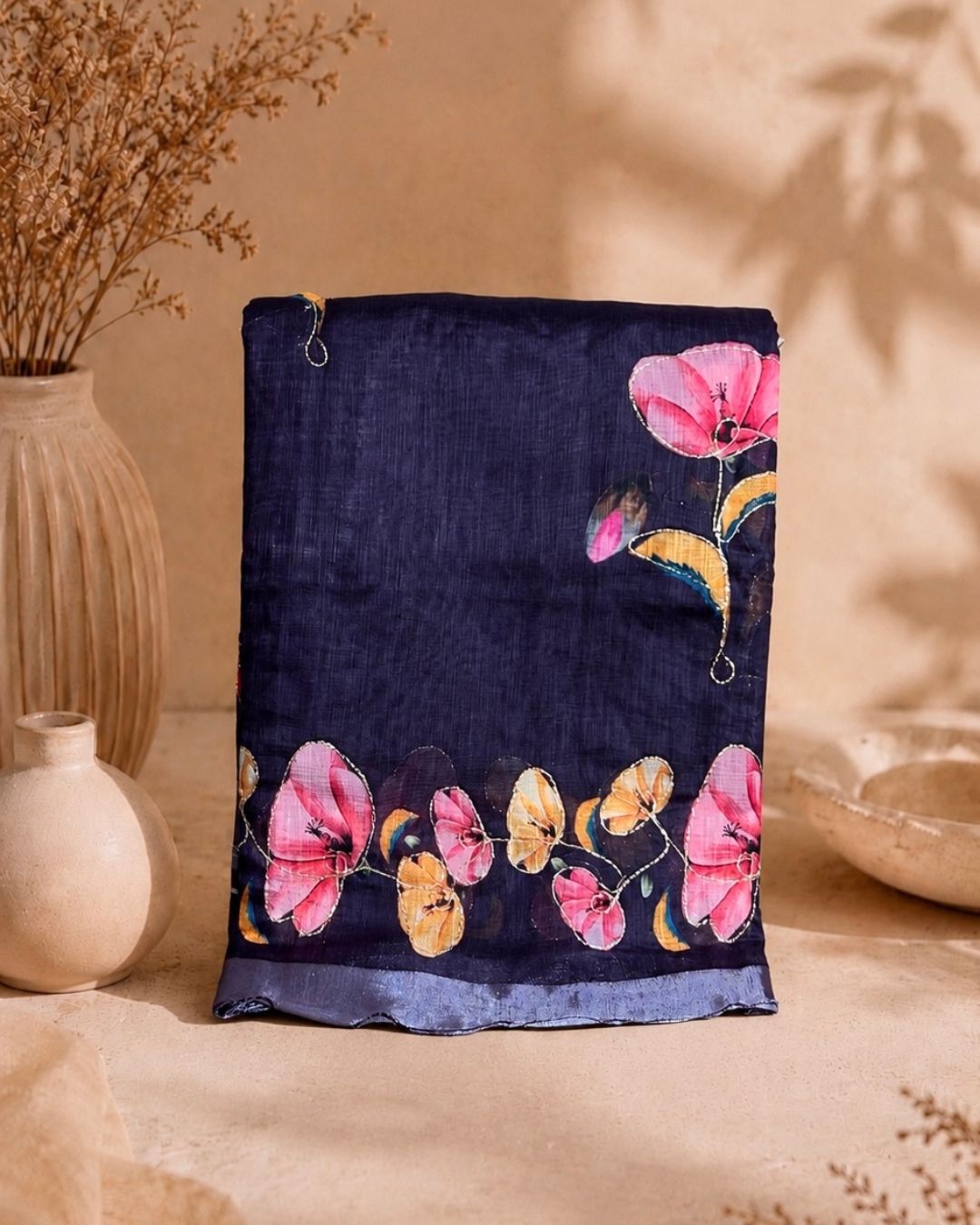 Purple-Wine Colour Linen Cotton Digital Printed Saree