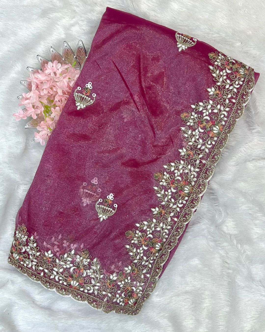 Magenta Colour Soft Net Cutwork border Saree