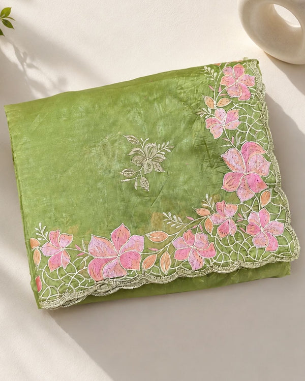Sage Green Colour Crunchy Silk Thread Work Saree