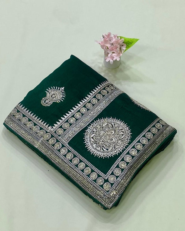 Green Colour Vichitra Silk Wok Saree
