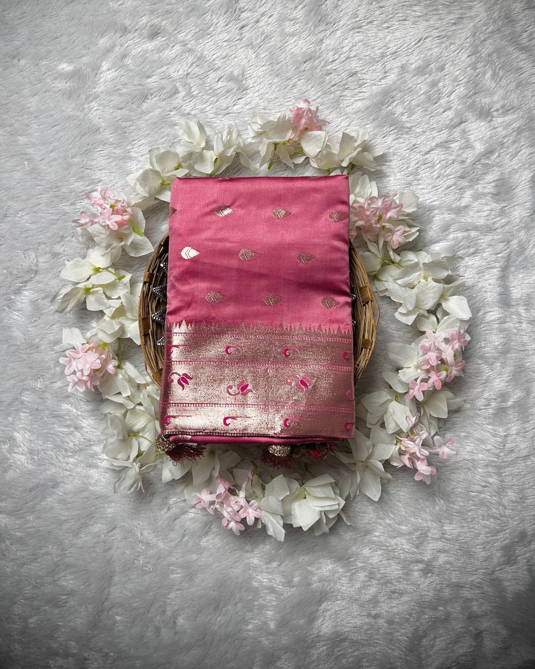 Peach Pink  Colour Soft Satin Silk Muniya Border Saree
