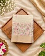 Golden Beige Tissue Cotton Saree with Elegant Pink Floral Thread Embroidery