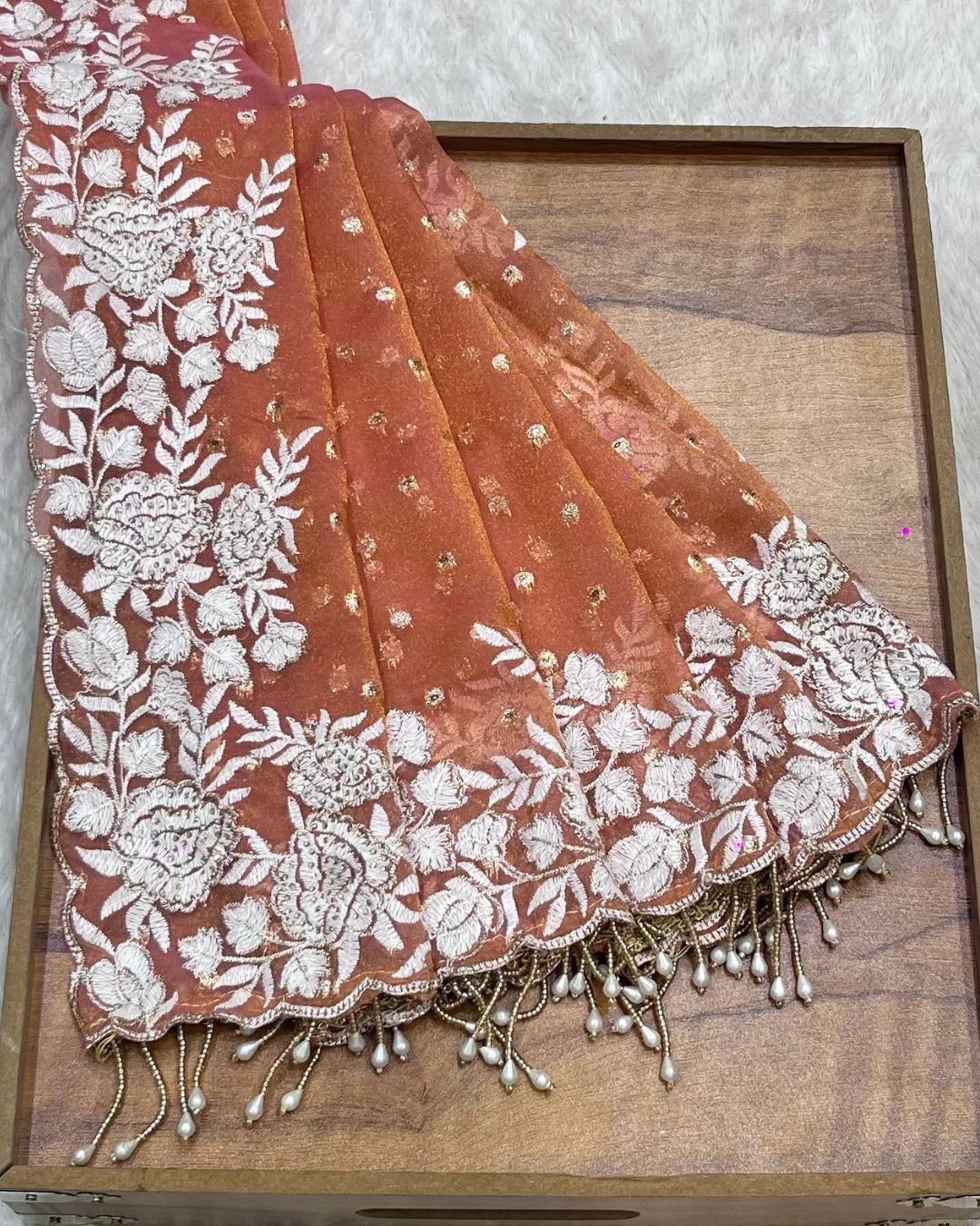 Rust Orange Colour Shimmer Fandy Saree