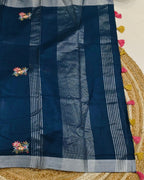 Petrol Blue Colour Jute Cotton Saree