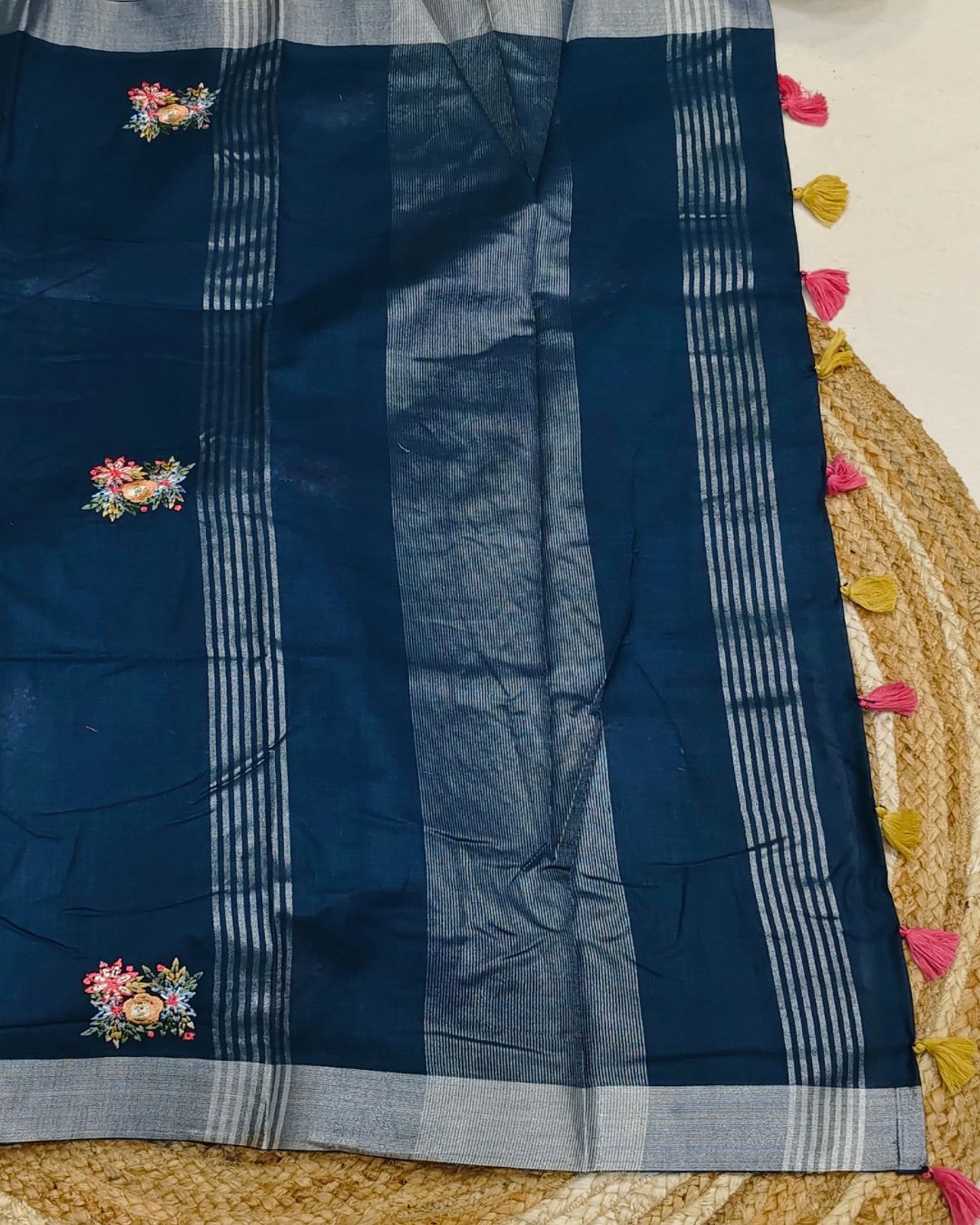Petrol Blue Colour Jute Cotton Saree