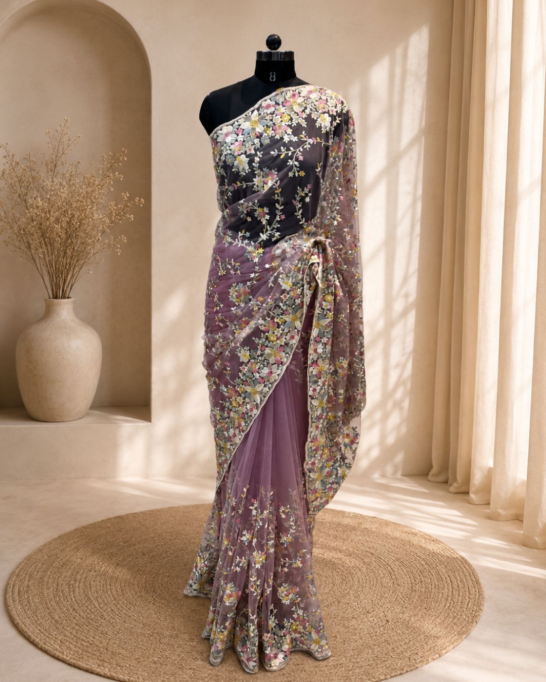 Lilac Pink Colour Soft Net Thread Work Saree