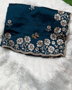 Dark Petrol Blue Colour Vichitra Silk Cut Wok Border Saree