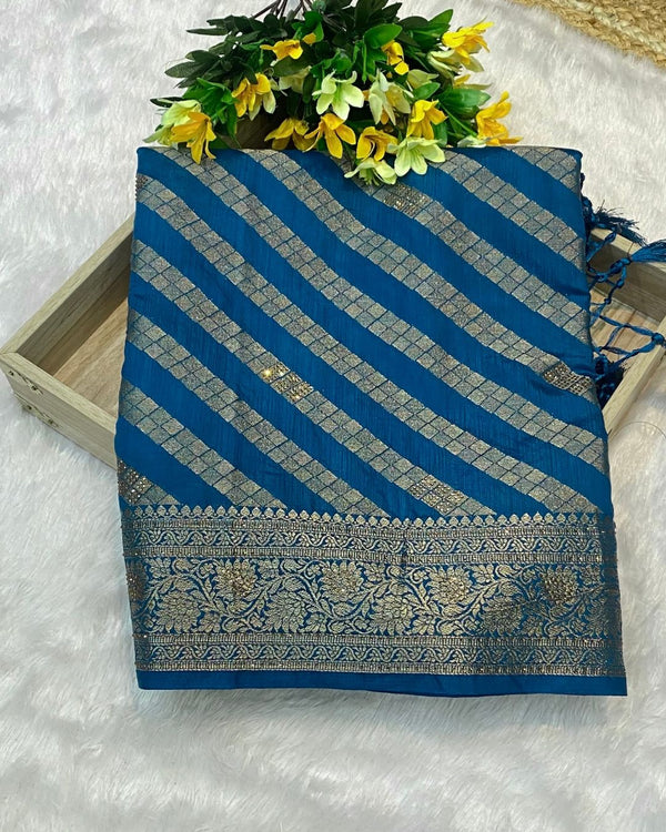 Petrol Blue Colour Vichitra Silk Swarovski Work Saree