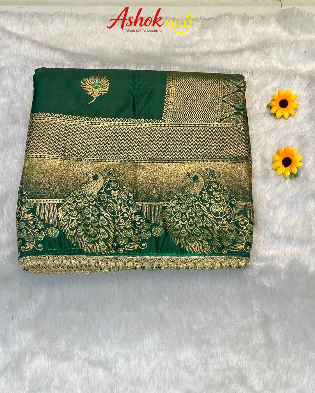Green Colour Soft Satin Silk Saree With Moti Border