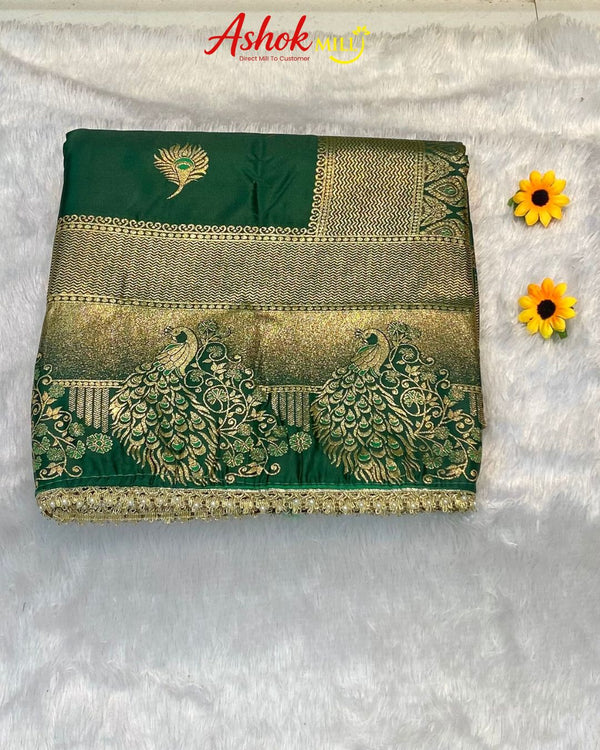 Green Colour Soft Satin Silk Saree With Moti Border