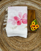 White Colour Linen Floral Cotton Saree