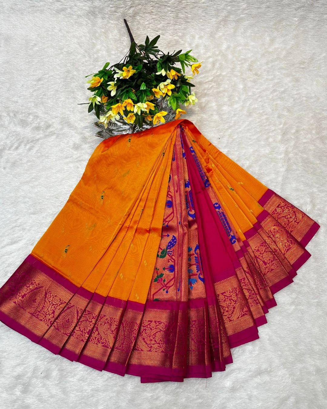 Mango Orange Colour Peacock Paithani with Contrast  Blouse