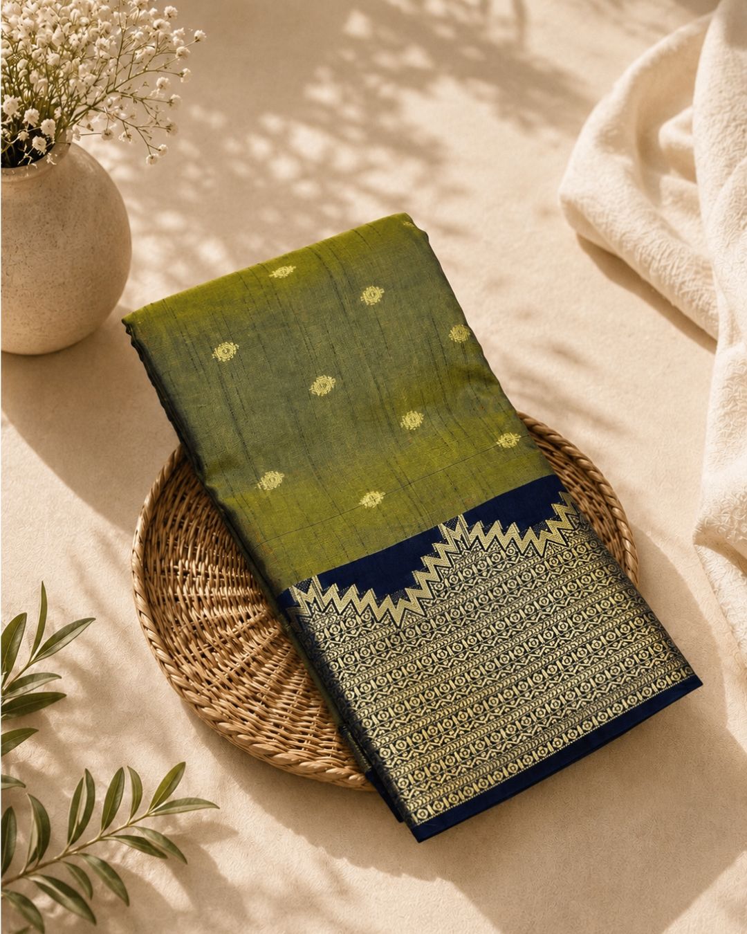 Dusty Moss Green Colour Semi Silk Dual Shine Zari Saree