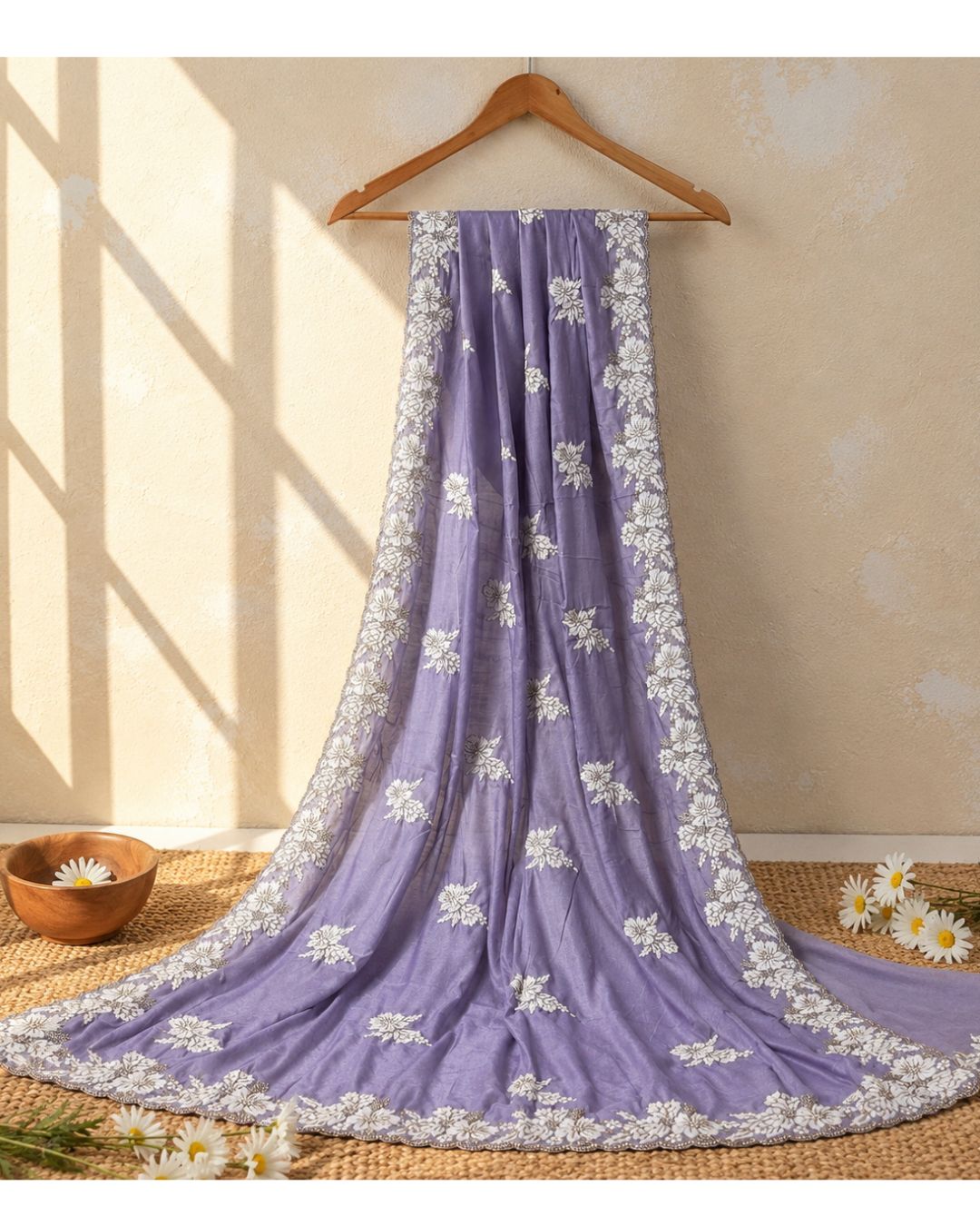 Lavender Colour Shimmer Saree with Heavy Floral Embroidery Border