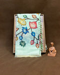Light Turquoise Colour Lotus Flower Print  Linen Cotton Printed Saree