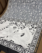 Blue-Grey Colour Mal Cotton Kalamkari Printed Saree with Contrast Blouse