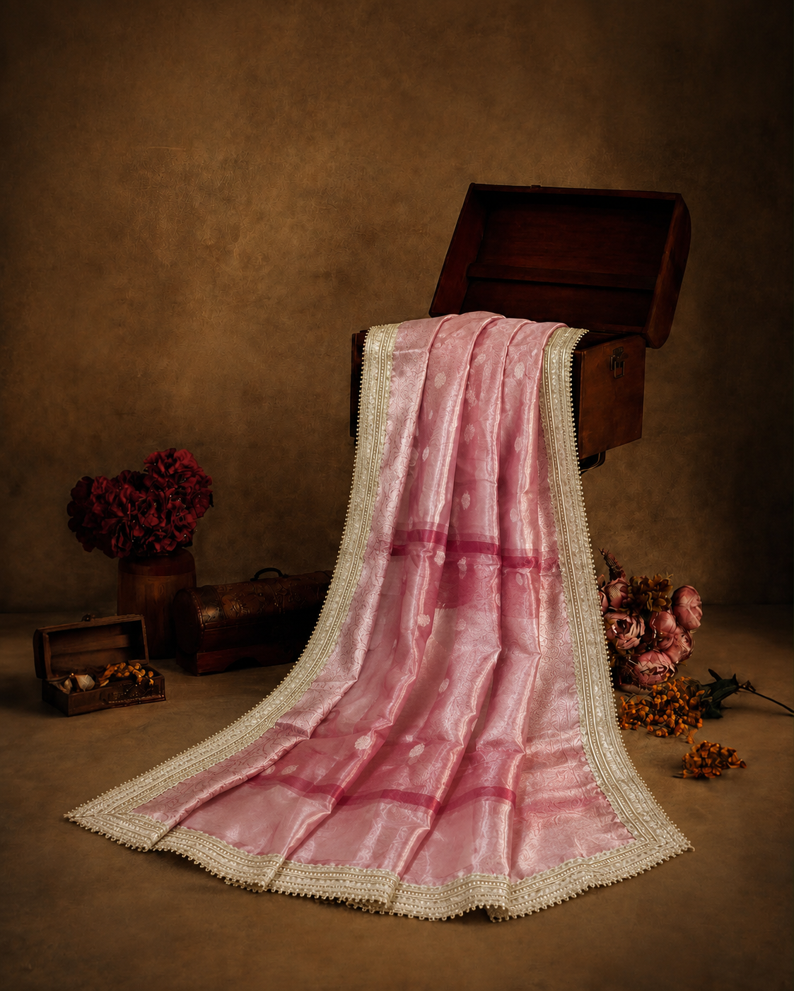 Golden Pink Colour Tissue Silk Saree
