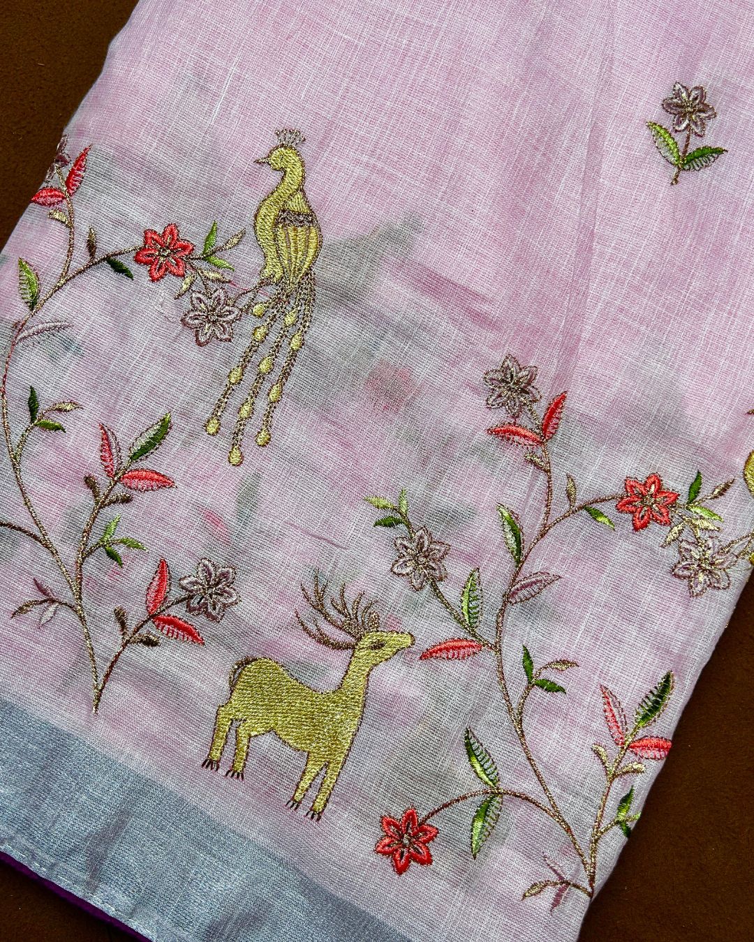 Baby Pink Colour Linen Cotton Thread work Saree