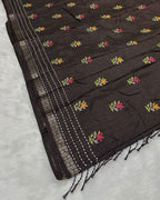 Dark Brown Colour Katha Work Cotton Saree