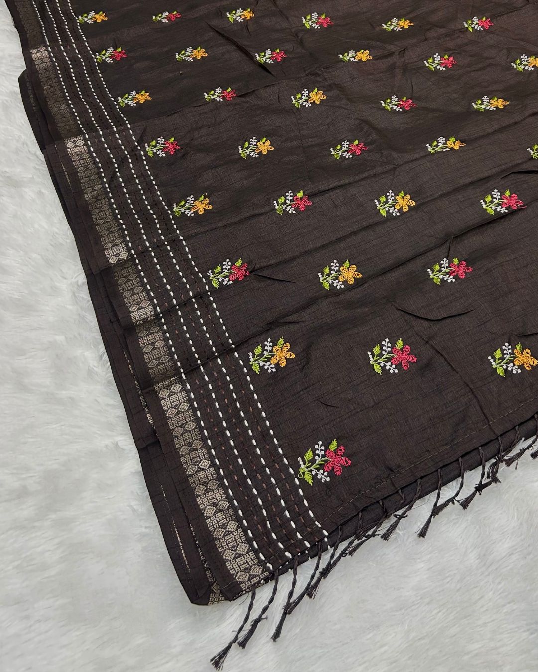 Dark Brown Colour Katha Work Cotton Saree