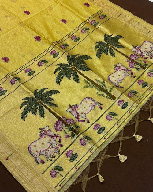 Cream Golden  Colour Thread work Cotton Saree