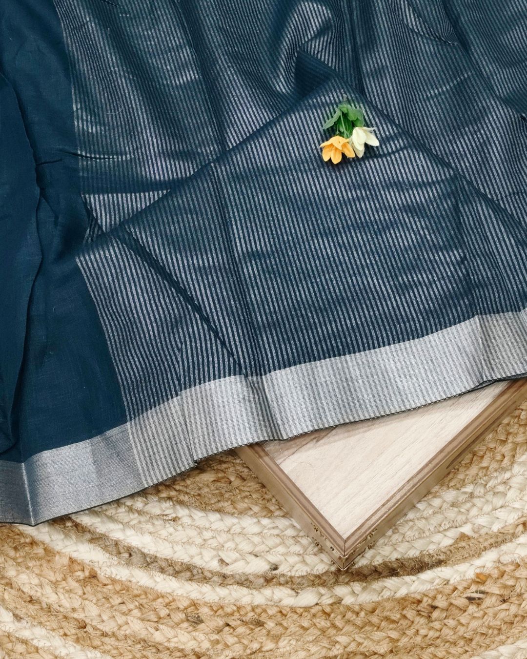 Petrol Blue Colour Jute Cotton Saree