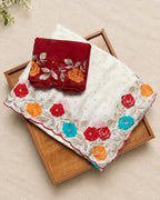 Off-White Colour Floral Embroidered Saree with Contrast Blouse