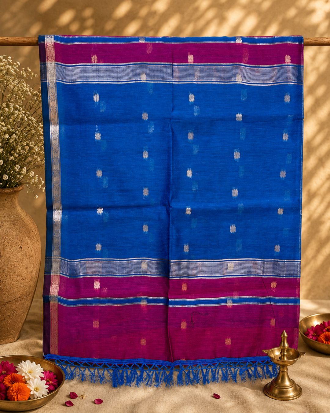 Wine Colour Maheshwari Cotton Saree with Contrast Pallu & Blouse
